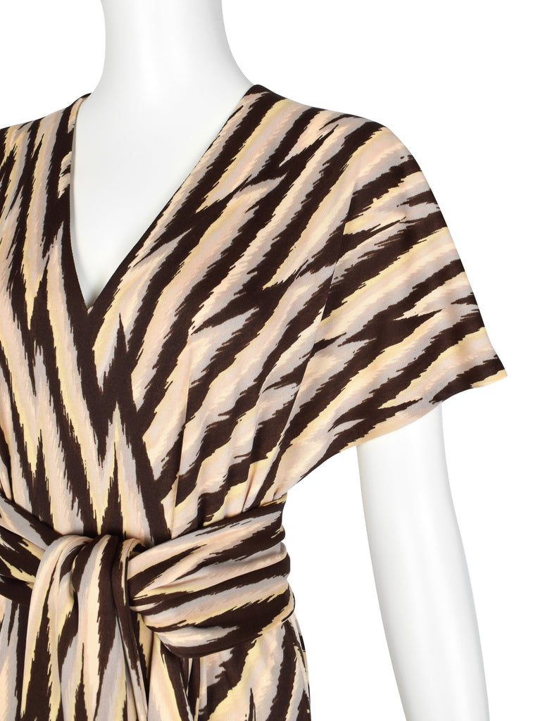 Roberta di Camerino Vintage 1978 Beige Yellow & Brown Zig Zag Print Jersey Maxi Dress