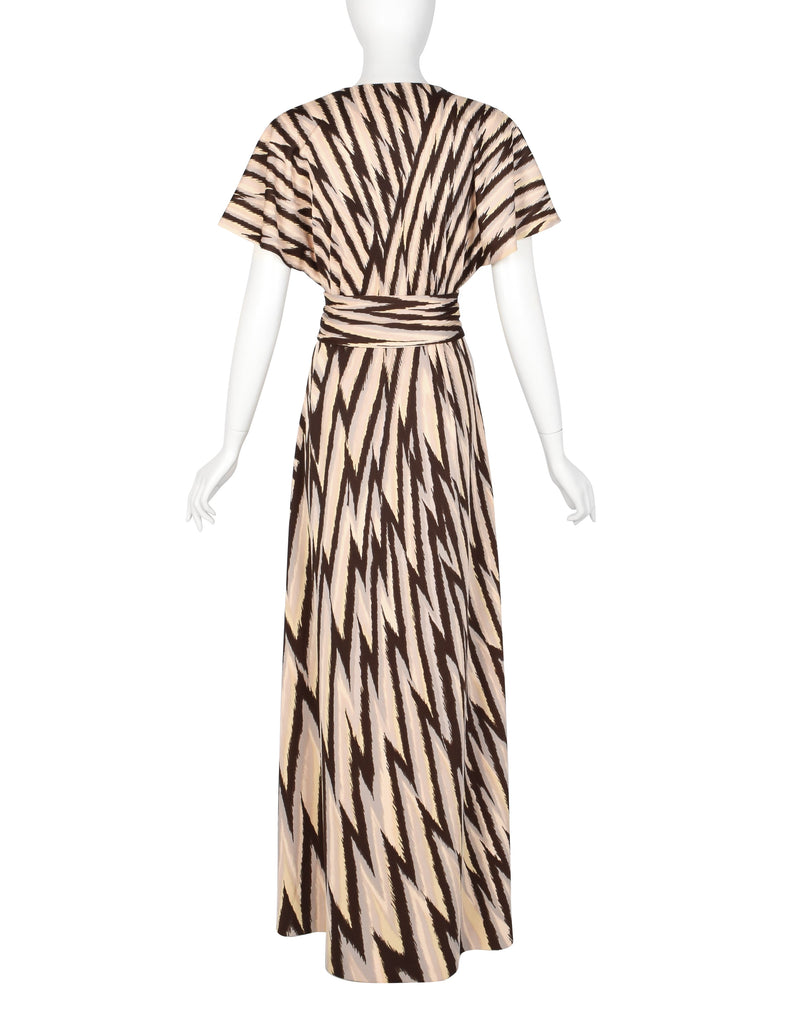 Roberta di Camerino Vintage 1978 Beige Yellow & Brown Zig Zag Print Jersey Maxi Dress