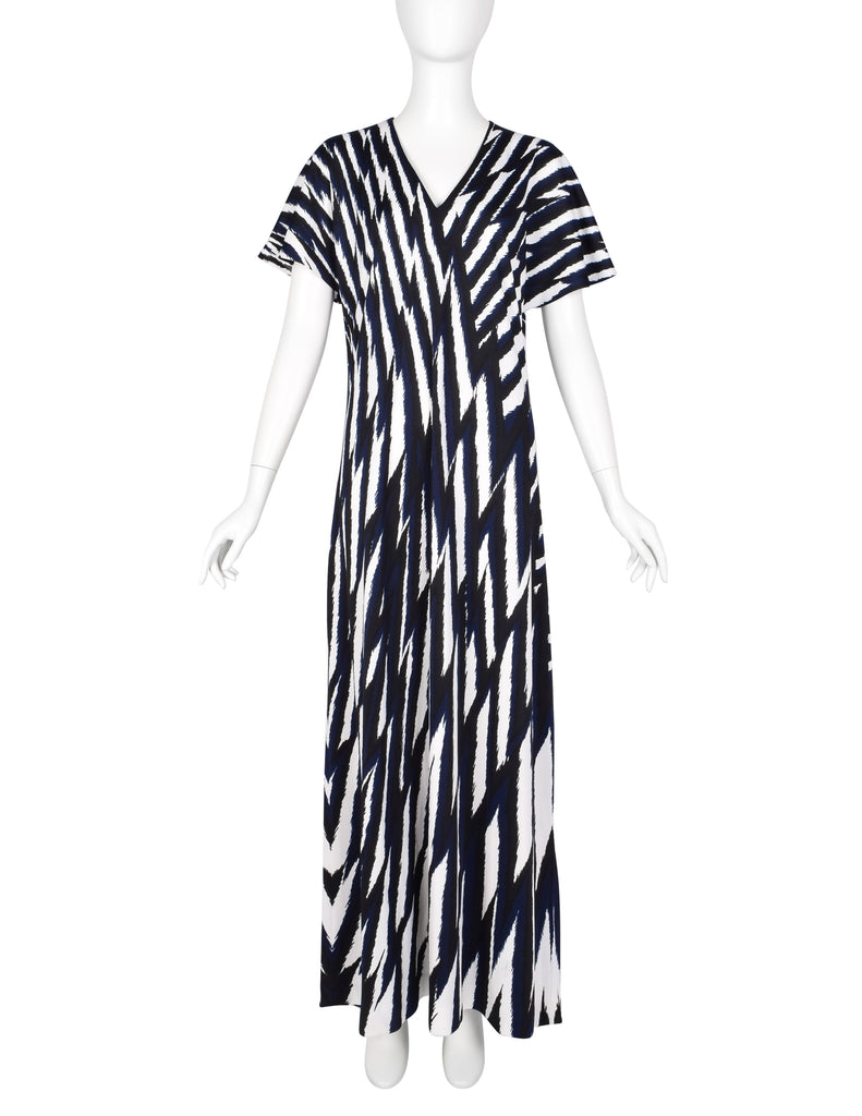 Roberta di Camerino Vintage 1978 Black Blue & White Zig Zag Print Jersey Maxi Dress