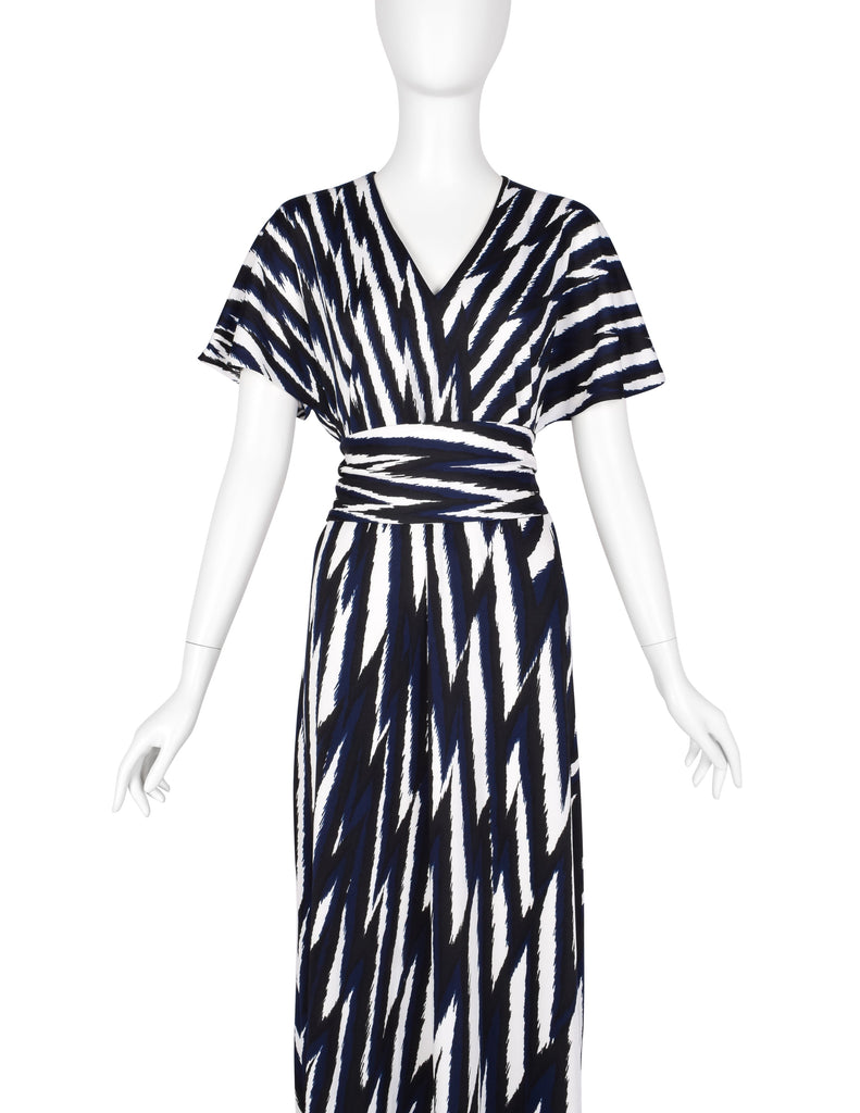 Roberta di Camerino Vintage 1978 Black Blue & White Zig Zag Print Jersey Maxi Dress