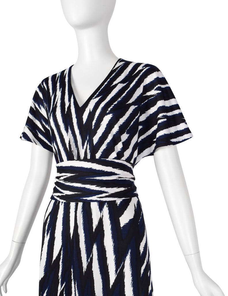 Roberta di Camerino Vintage 1978 Black Blue & White Zig Zag Print Jersey Maxi Dress