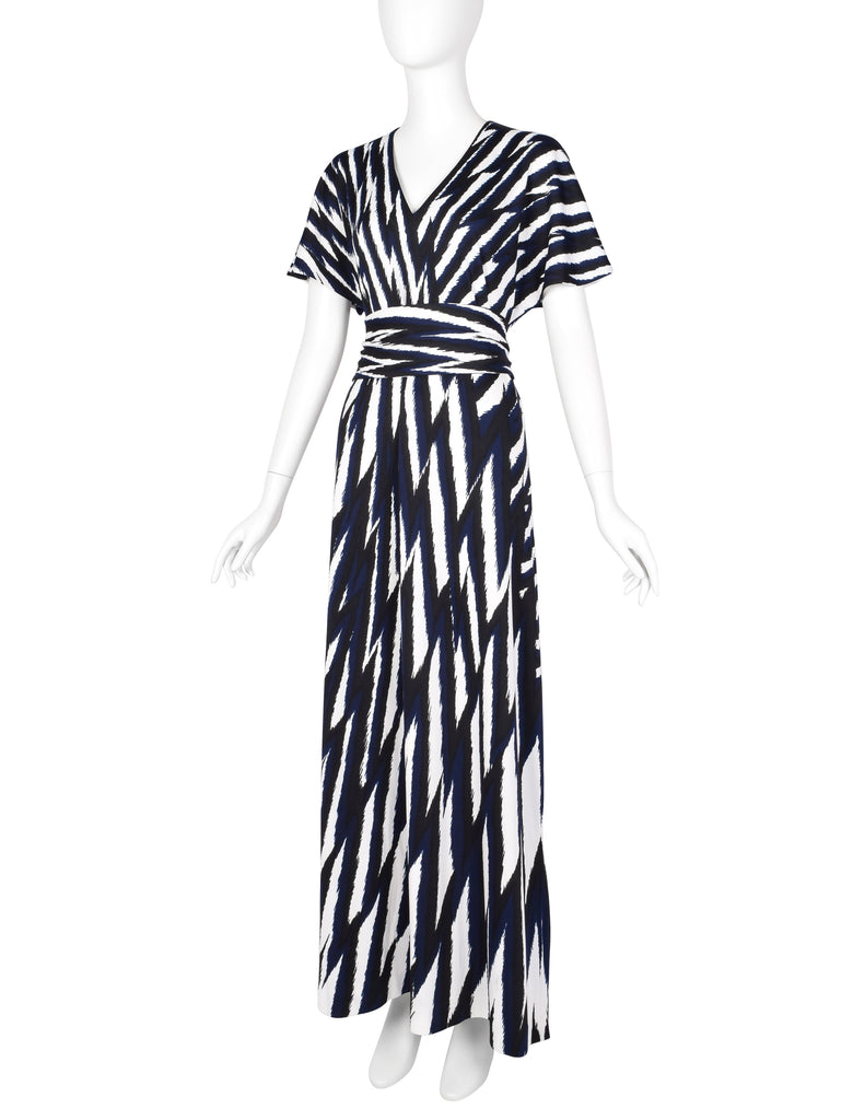 Roberta di Camerino Vintage 1978 Black Blue & White Zig Zag Print Jersey Maxi Dress