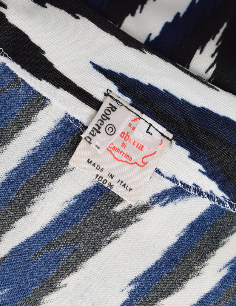 Roberta di Camerino Vintage 1978 Black Blue & White Zig Zag Print Jersey Maxi Dress