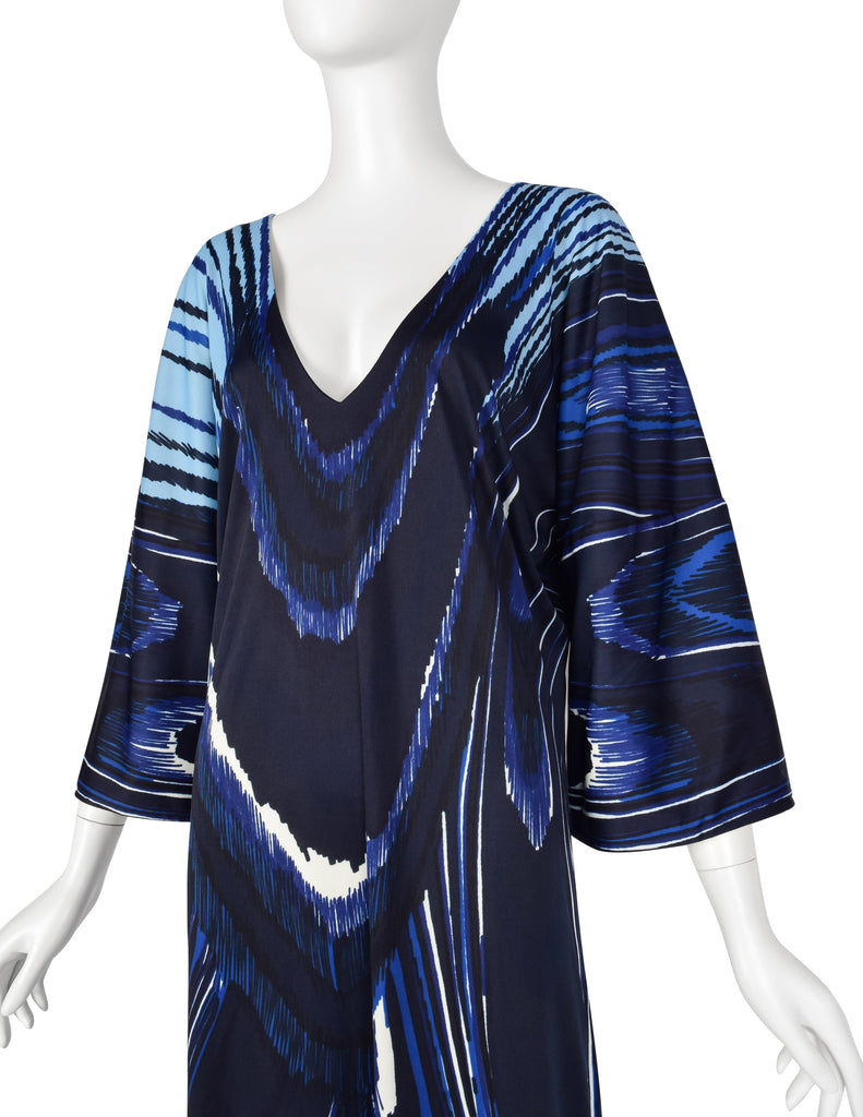 Roberta di Camerino Vintage 1978 Blue Feather Print Trompe L'oeil Maxi Dress