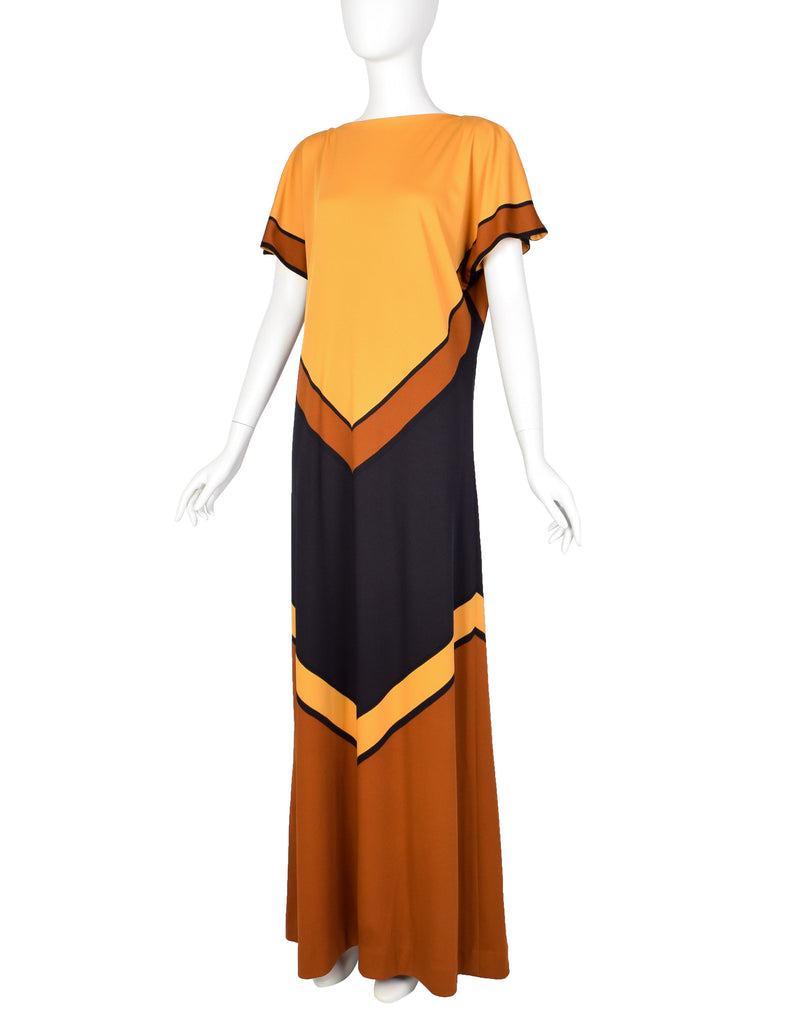 Roberta di Camerino Vintage 1978 Orange & Black Chevron Print Maxi Dress