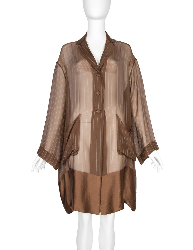 Romeo Gigli Vintage 1990s Pinstripe Mocha Brown Sheer Silk Chiffon Coat