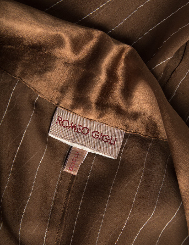 Romeo Gigli Vintage 1990s Pinstripe Mocha Brown Sheer Silk Chiffon Coat