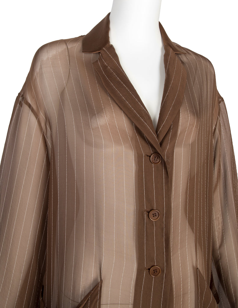 Romeo Gigli Vintage 1990s Pinstripe Mocha Brown Sheer Silk Chiffon Coat