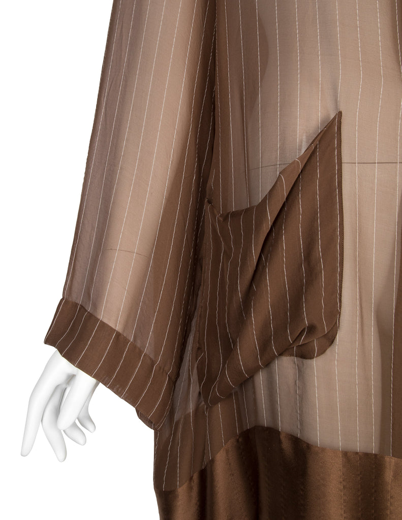 Romeo Gigli Vintage 1990s Pinstripe Mocha Brown Sheer Silk Chiffon Coat