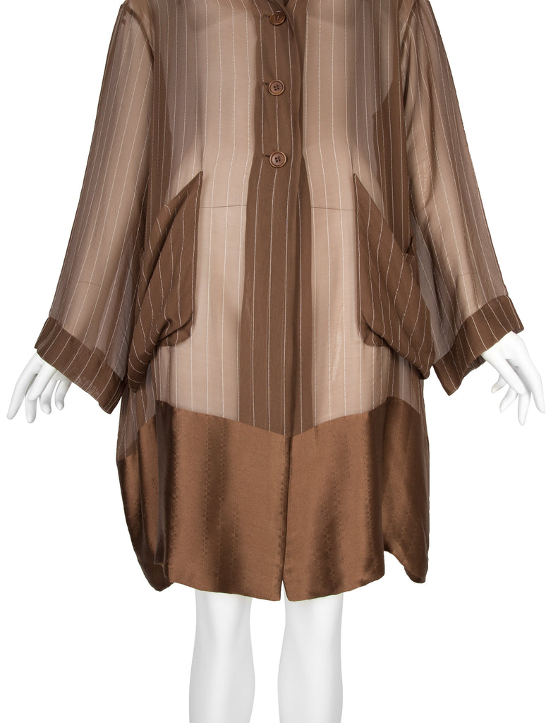 Romeo Gigli Vintage 1990s Pinstripe Mocha Brown Sheer Silk Chiffon Coat