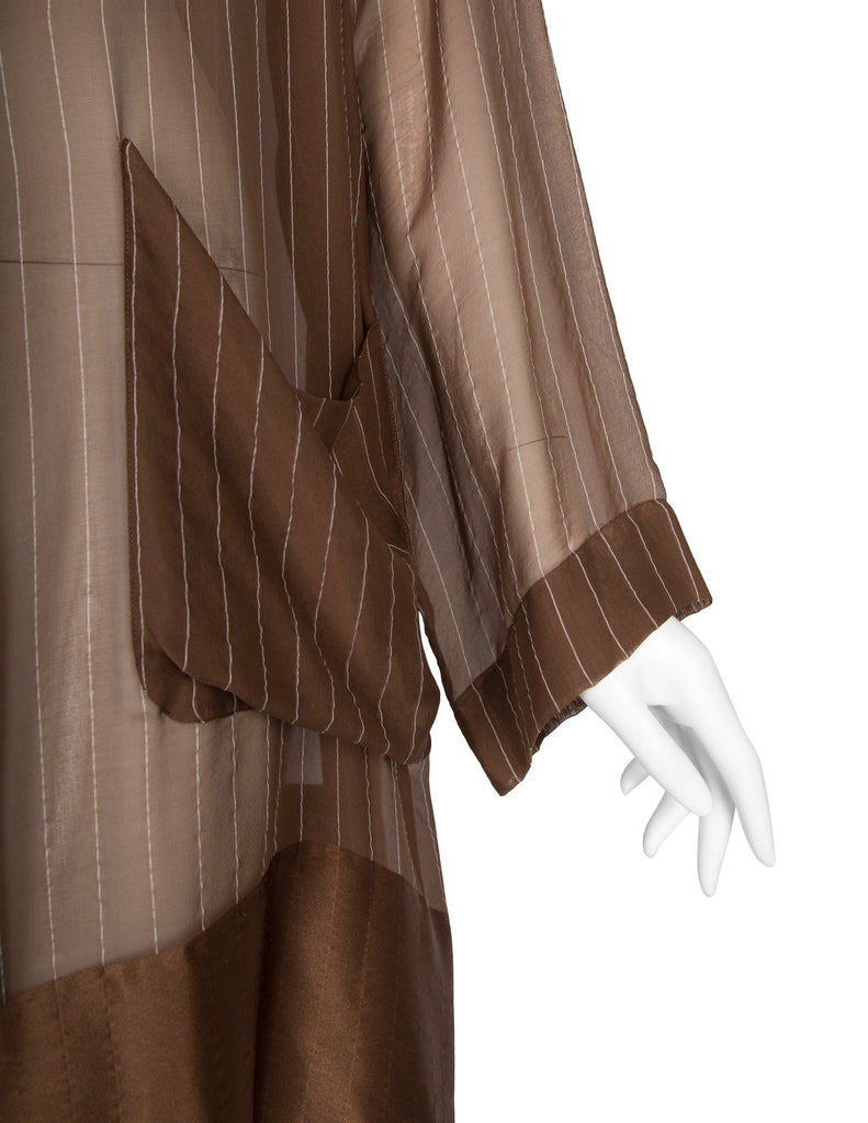 Romeo Gigli Vintage 1990s Pinstripe Mocha Brown Sheer Silk Chiffon Coat