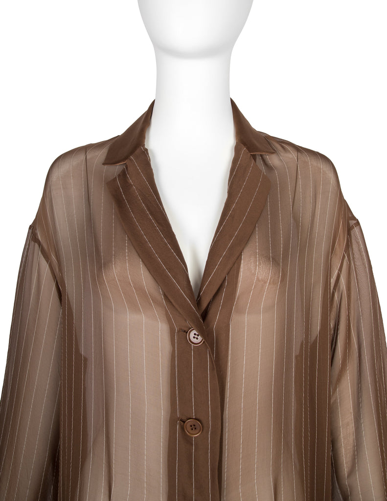 Romeo Gigli Vintage 1990s Pinstripe Mocha Brown Sheer Silk Chiffon Coat