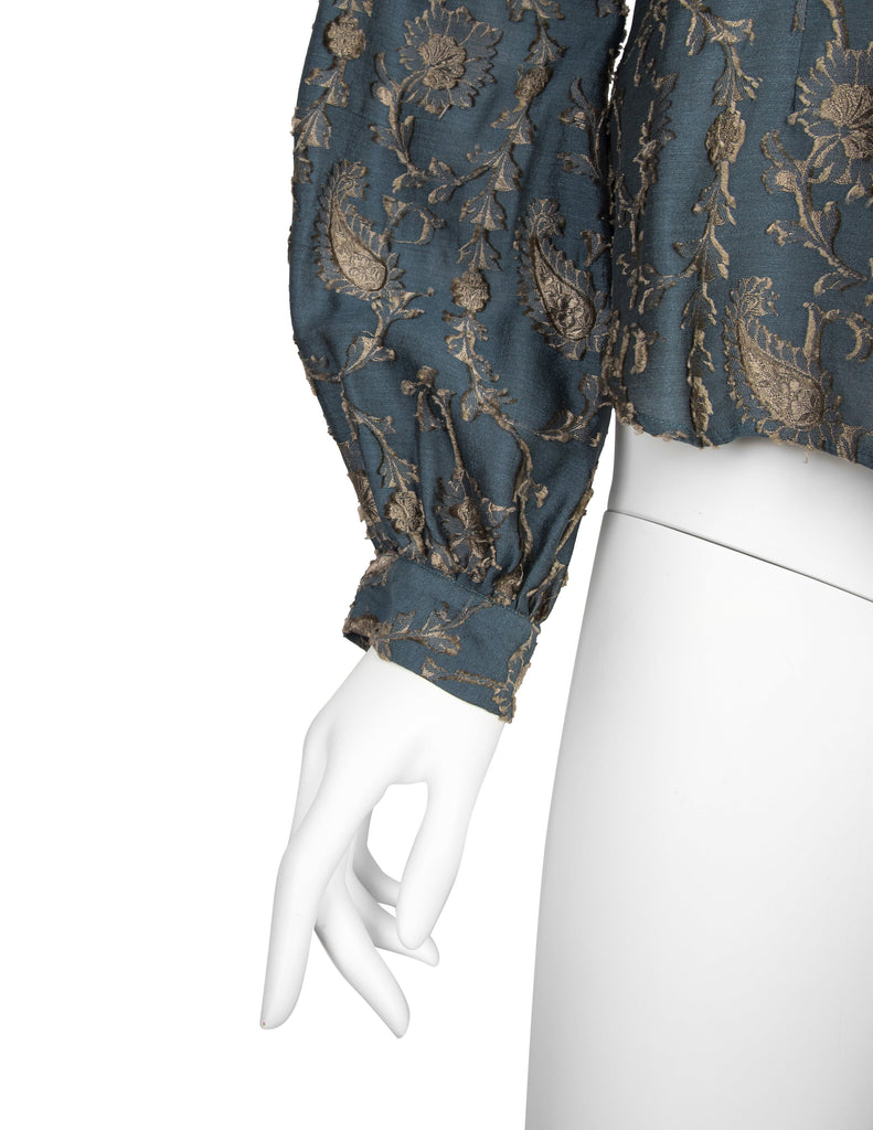 Romeo Gigli Vintage AW 1996 Blue Green Silk Jacquard Top