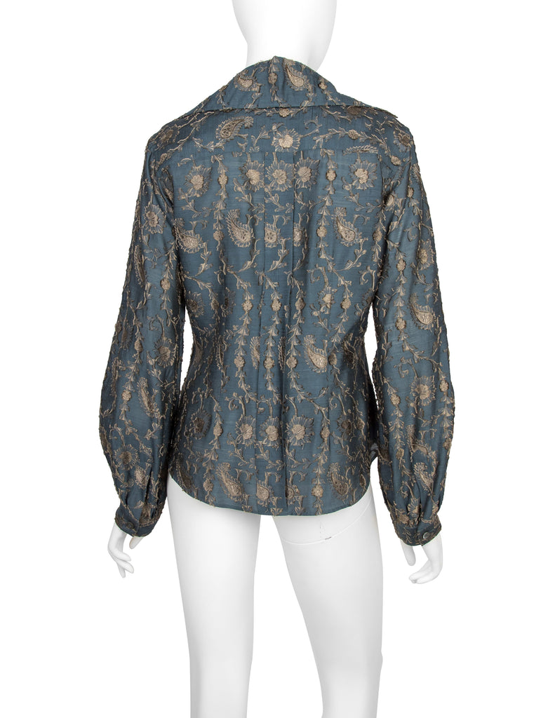 Romeo Gigli Vintage AW 1996 Blue Green Silk Jacquard Top