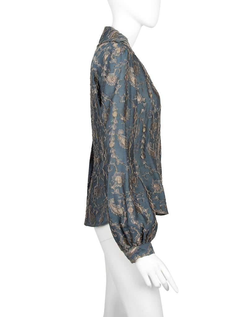 Romeo Gigli Vintage AW 1996 Blue Green Silk Jacquard Top