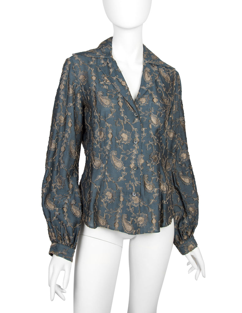 Romeo Gigli Vintage AW 1996 Blue Green Silk Jacquard Top