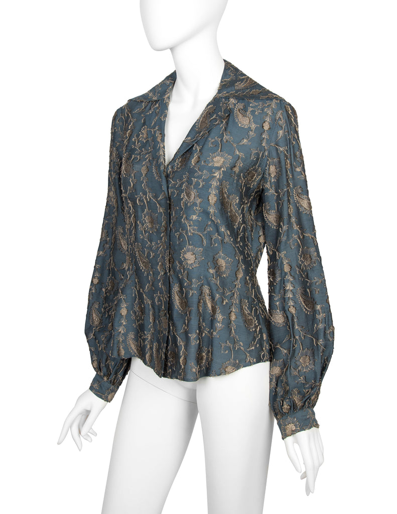 Romeo Gigli Vintage AW 1996 Blue Green Silk Jacquard Top