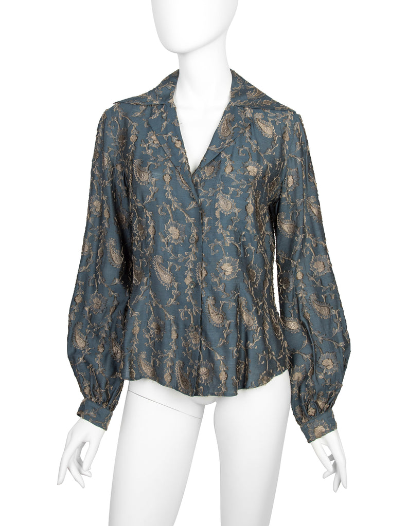 Romeo Gigli Vintage AW 1996 Blue Green Silk Jacquard Top