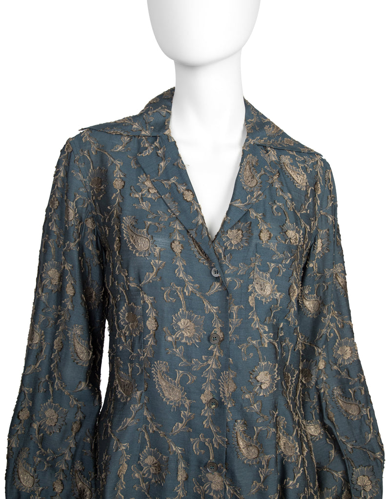 Romeo Gigli Vintage AW 1996 Blue Green Silk Jacquard Top