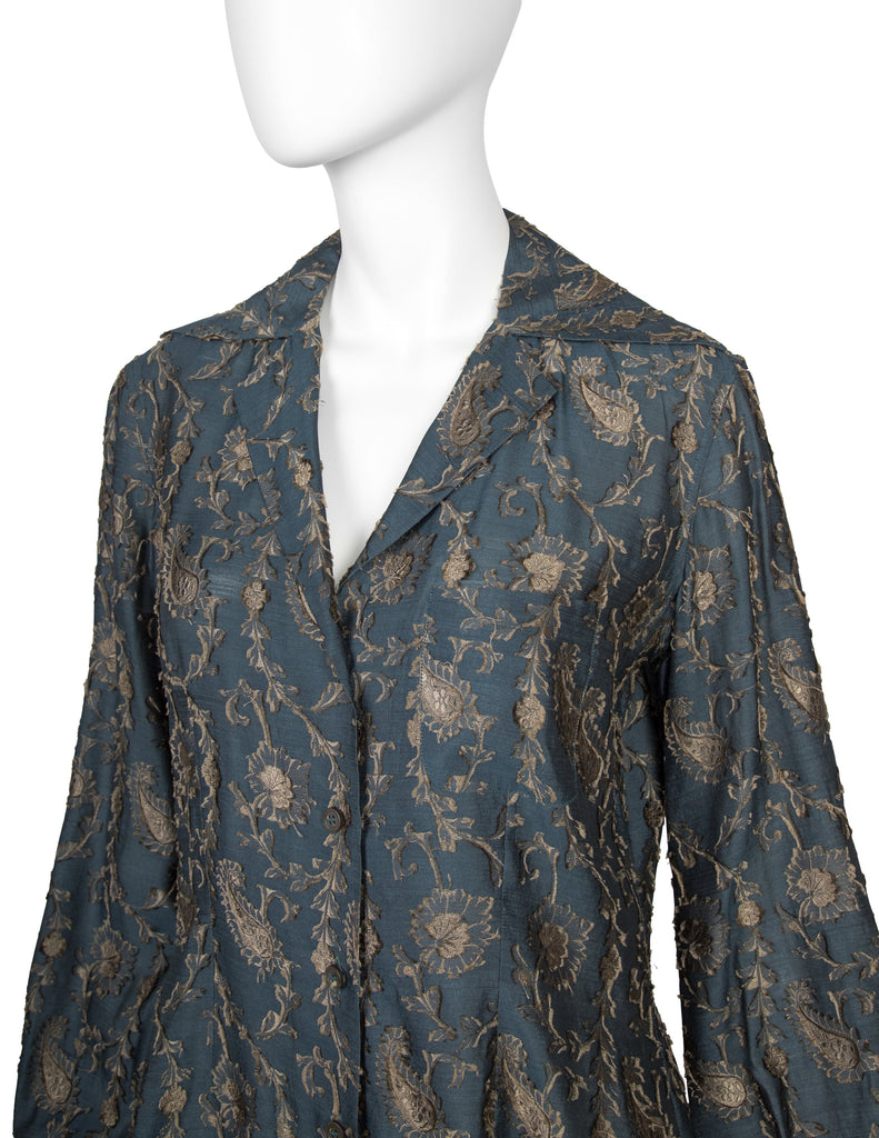 Romeo Gigli Vintage AW 1996 Blue Green Silk Jacquard Top