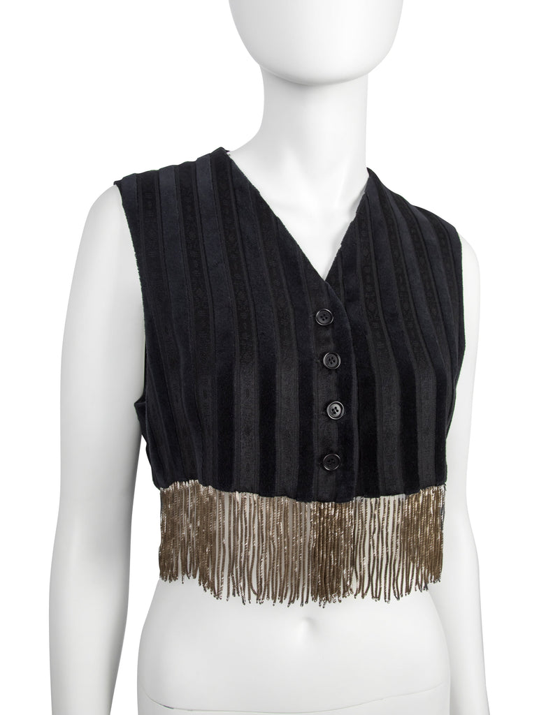 Romeo Gigli Vintage AW 1994 Black and Grey Velvet and Jacquard Golden Chain Fringe Cropped Vest