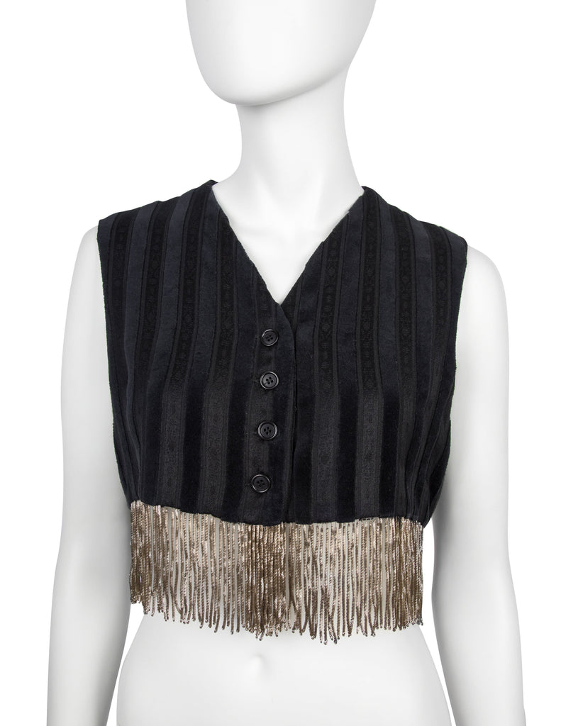 Romeo Gigli Vintage AW 1994 Black and Grey Velvet and Jacquard Golden Chain Fringe Cropped Vest