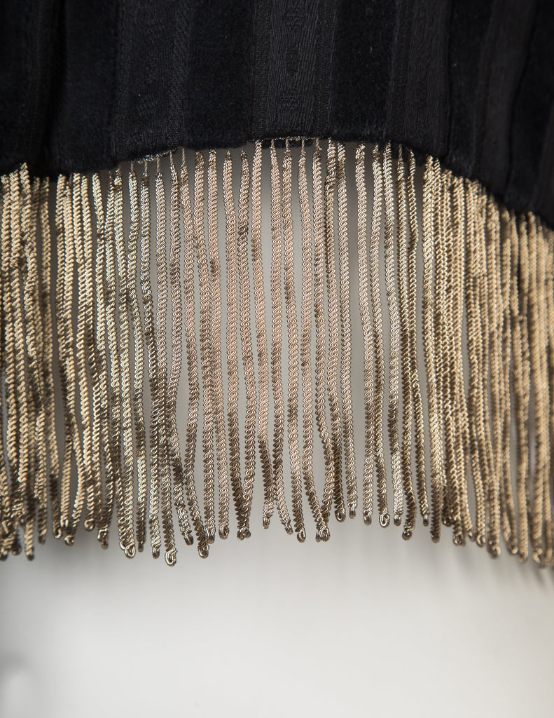 Romeo Gigli Vintage AW 1994 Black and Grey Velvet and Jacquard Golden Chain Fringe Cropped Vest