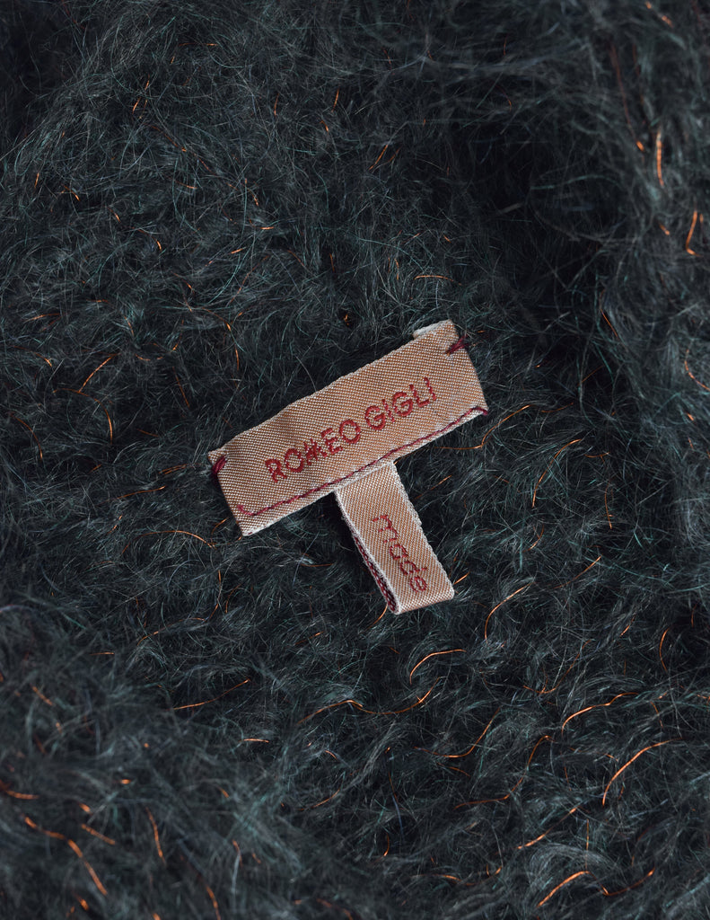 Romeo Gigli Vintage 1994 Deep Kerosene Green Copper Metal Mohair Cropped Cardigan Sweater