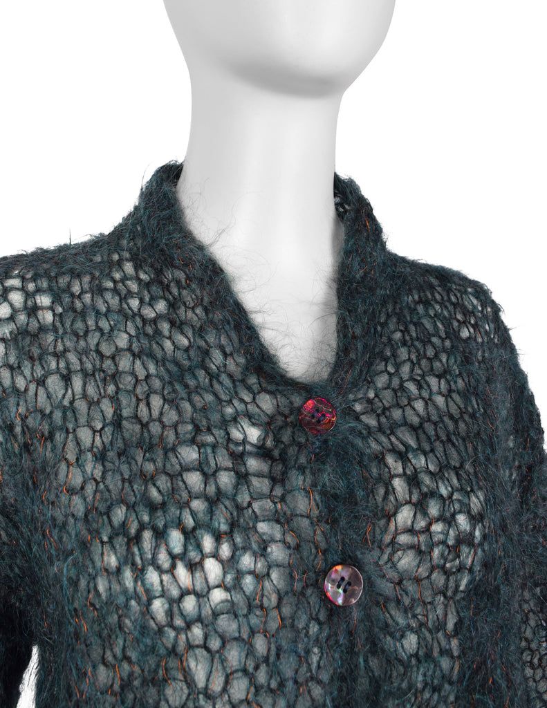 Romeo Gigli Vintage 1994 Deep Kerosene Green Copper Metal Mohair Cropped Cardigan Sweater