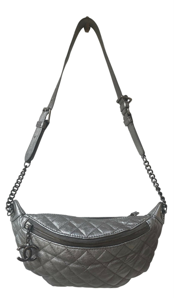 Chanel Classic Quilted Metallic Silver Goatskin Banana Waist Bag Fanny Pack