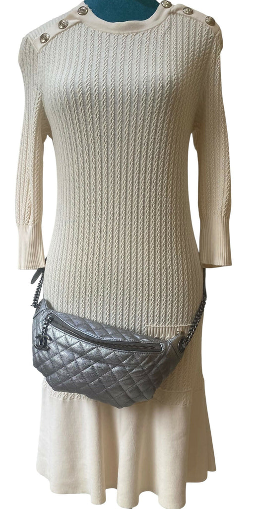 Chanel Classic Quilted Metallic Silver Goatskin Banana Waist Bag Fanny Pack