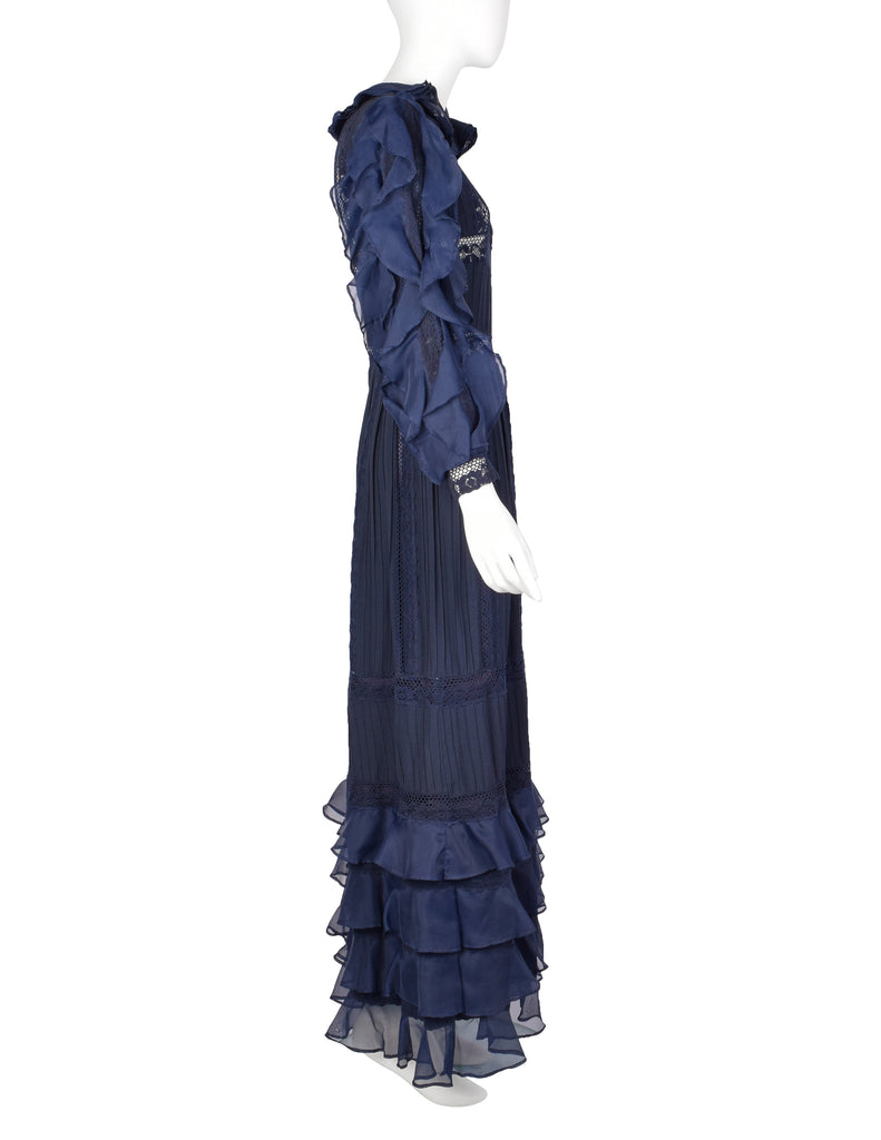 Salina De Costa Vintage 1960s Navy Blue Lace Pintucked Ruffle Gown