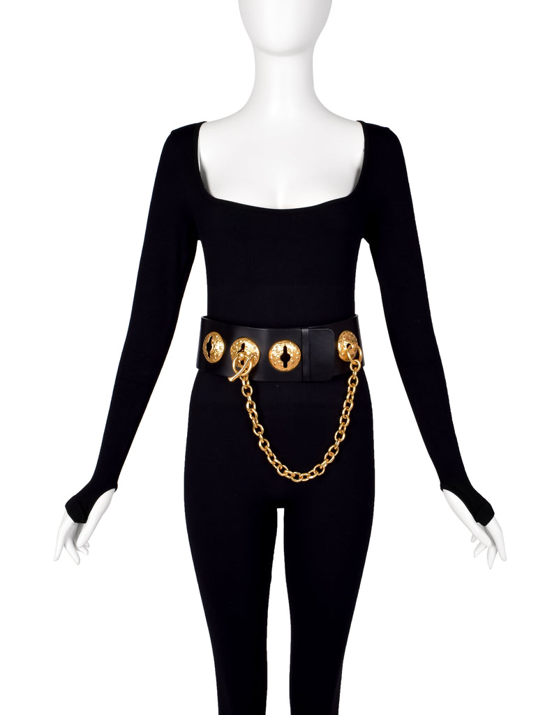 Schiaparelli SS 2022 Surrealist Golden Nipples Black Leather Wide Waist Belt