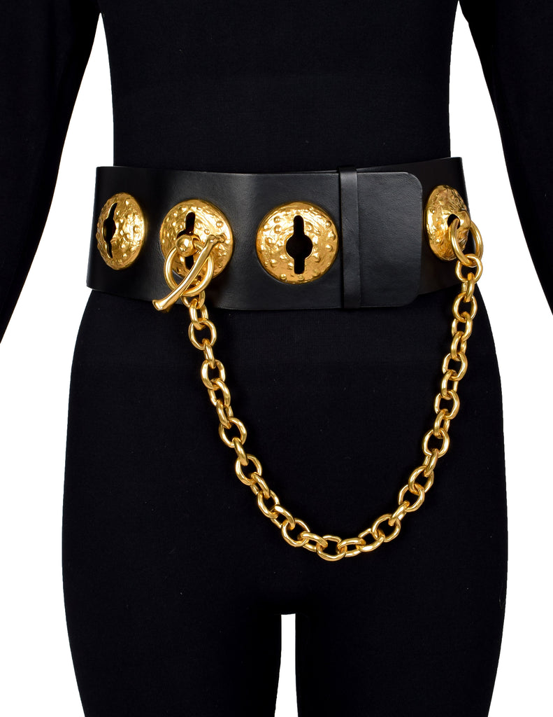 Schiaparelli SS 2022 Surrealist Golden Nipples Black Leather Wide Waist Belt