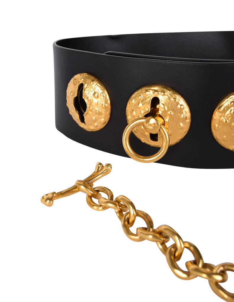 Schiaparelli SS 2022 Surrealist Golden Nipples Black Leather Wide Waist Belt