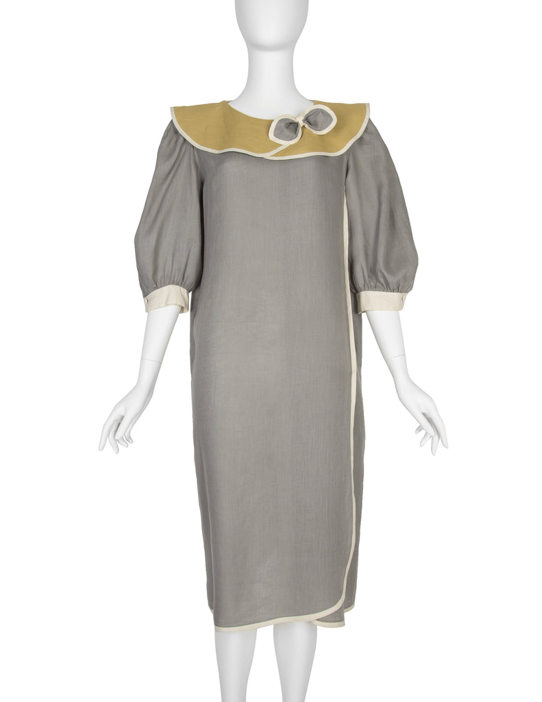 Schiaparell Vintage 1980s Grey and Chartreuse Linen Puff Sleeve Dress