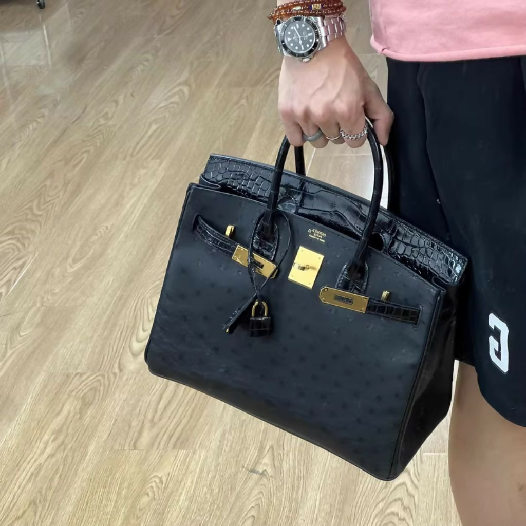Hermès Birkin 30 Touch Black Ostrich & Shiny Crocodile leather with Gold Hardware
