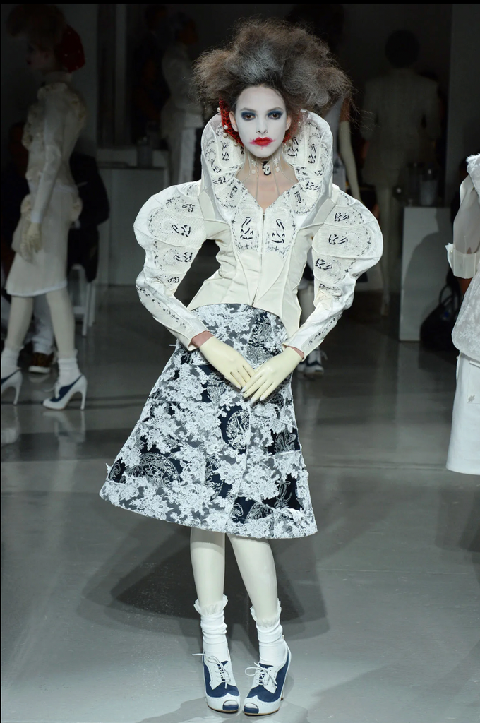 Thom Browne Rare SS 2014 Deepest Blue Ship Damask and White Lace Structured Skirt