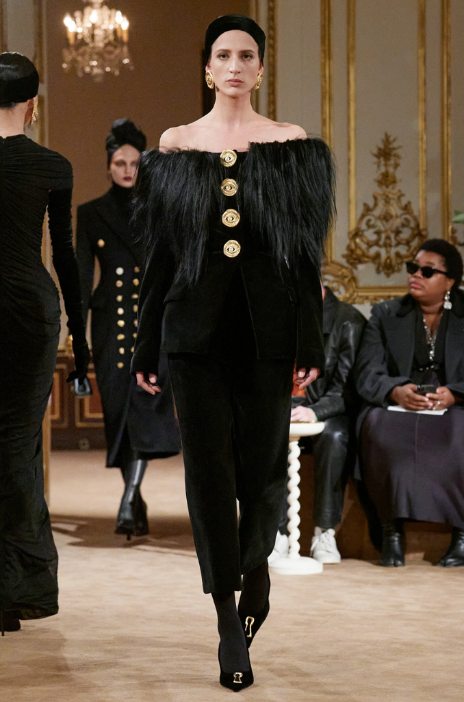 Schiaparelli by Daniel Roseberry AW 2023 Black Velvet and Goat Off The Shoulder Jacket
