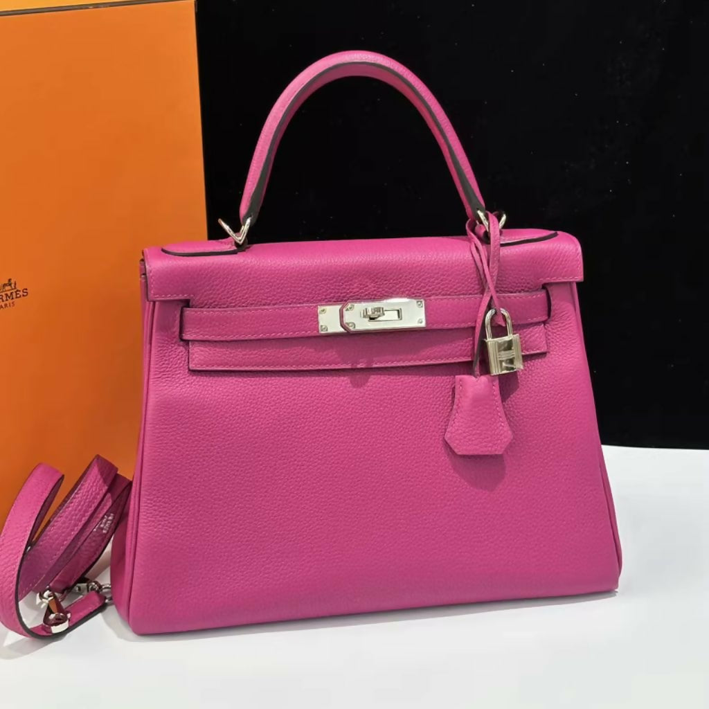 Hermes Kelly 28 Rose Pourpre Pink Purple Togo Leather Palladium Hardware