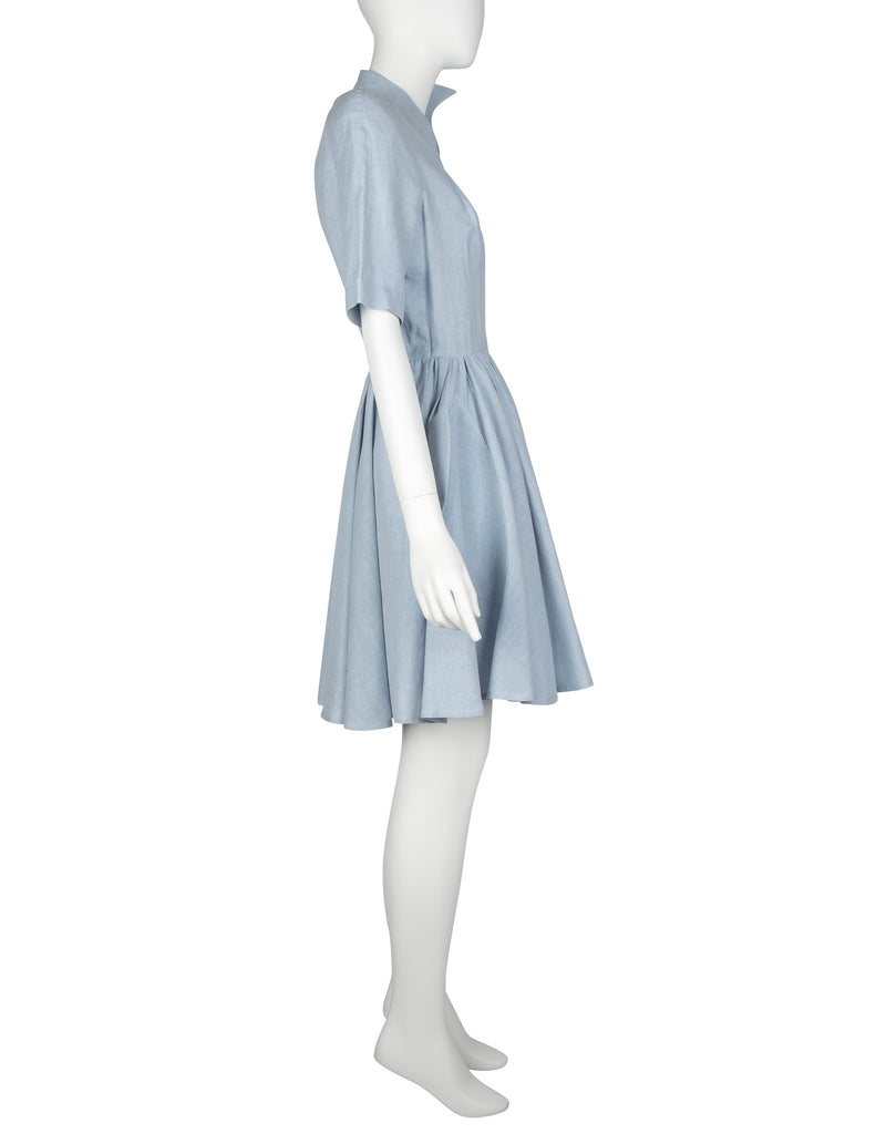 Thierry Mugler Vintage 1980s Light Blue Chambray Linen Fin Collar Mini Dress