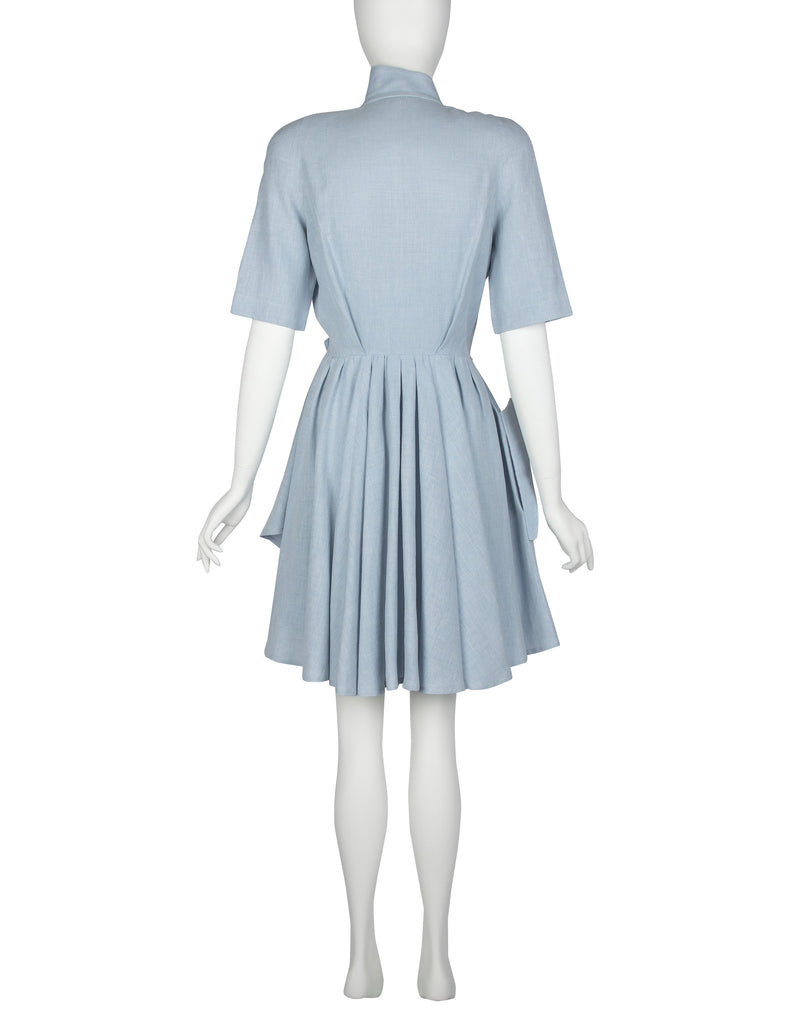 Thierry Mugler Vintage 1980s Light Blue Chambray Linen Fin Collar Mini Dress
