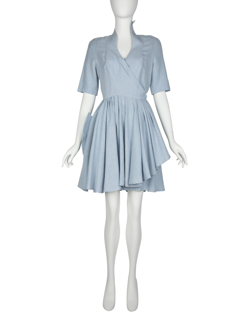 Thierry Mugler Vintage 1980s Light Blue Chambray Linen Fin Collar Mini Dress
