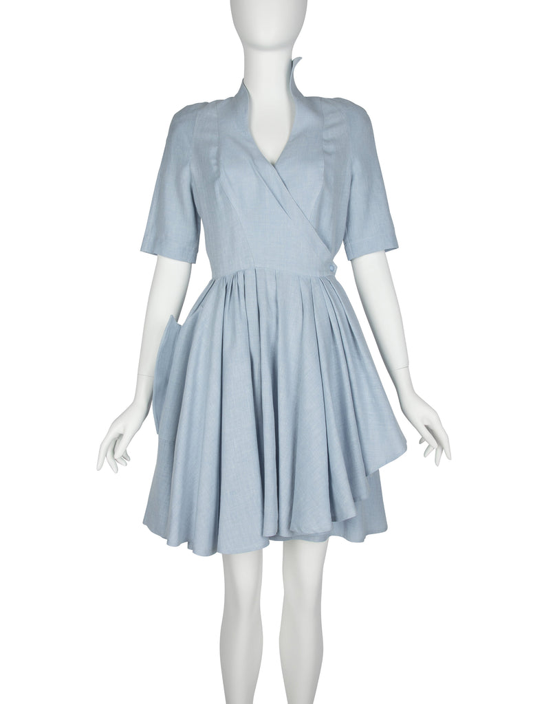 Thierry Mugler Vintage 1980s Light Blue Chambray Linen Fin Collar Mini Dress