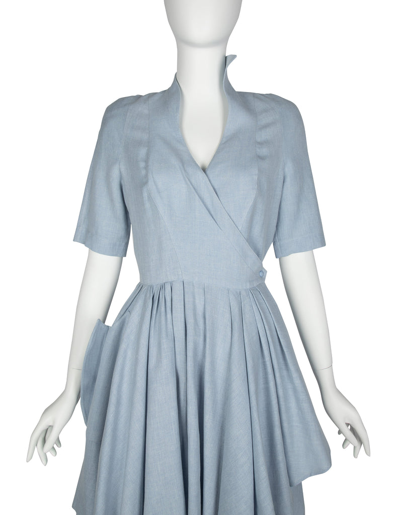 Thierry Mugler Vintage 1980s Light Blue Chambray Linen Fin Collar Mini Dress