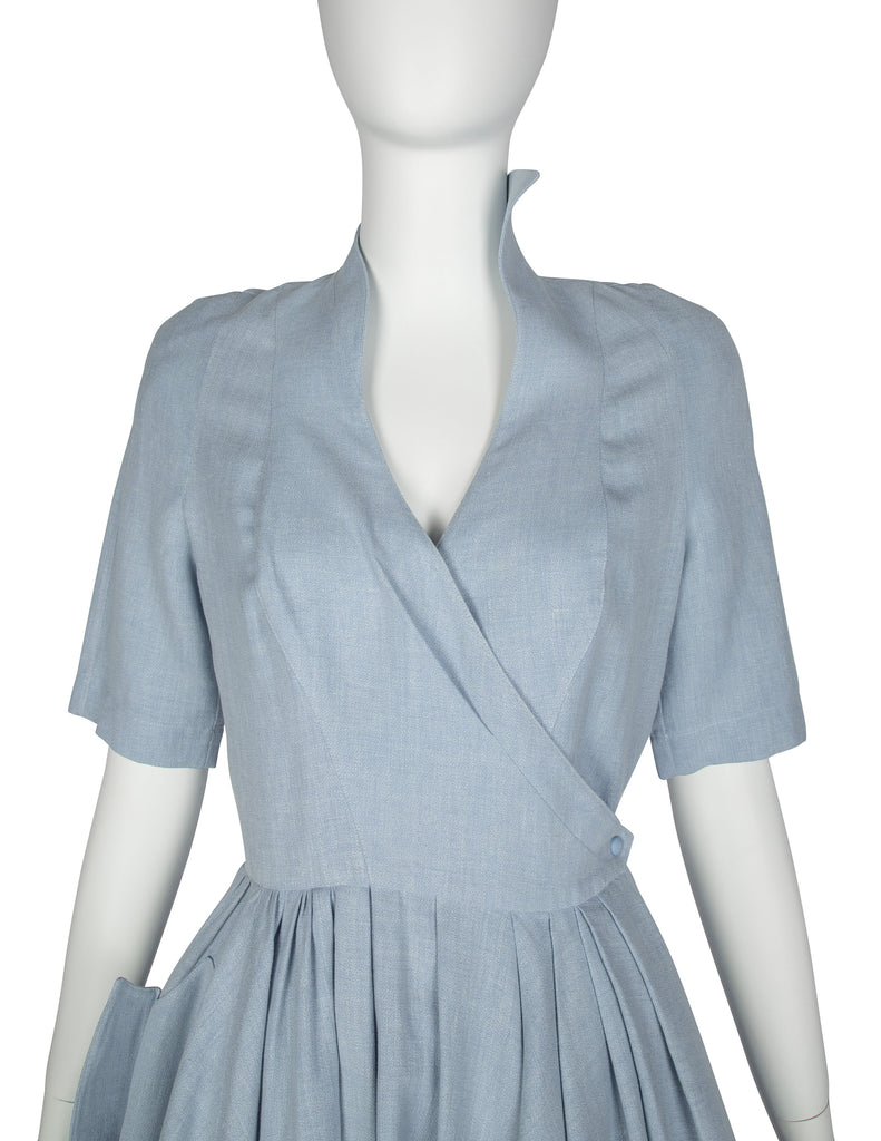 Thierry Mugler Vintage 1980s Light Blue Chambray Linen Fin Collar Mini Dress