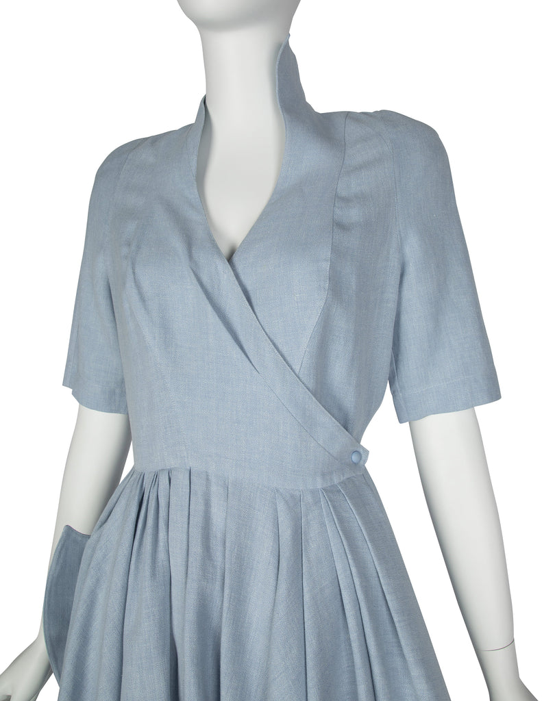 Thierry Mugler Vintage 1980s Light Blue Chambray Linen Fin Collar Mini Dress