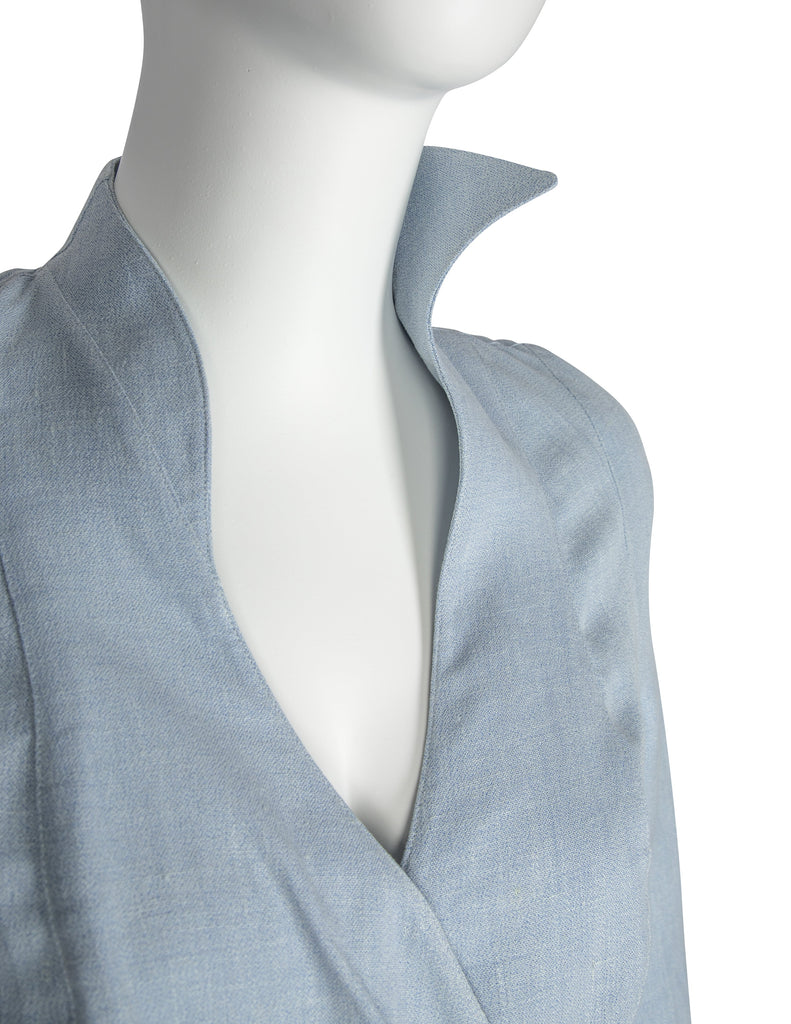 Thierry Mugler Vintage 1980s Light Blue Chambray Linen Fin Collar Mini Dress