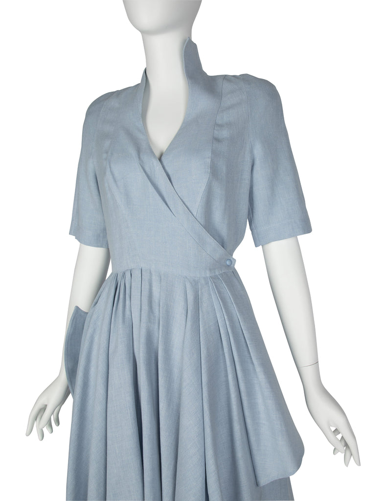 Thierry Mugler Vintage 1980s Light Blue Chambray Linen Fin Collar Mini Dress