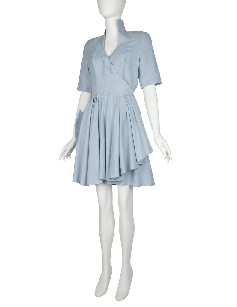 Thierry Mugler Vintage 1980s Light Blue Chambray Linen Fin Collar Mini Dress